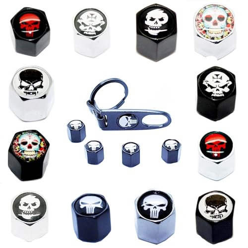 4 Ventilkappen + Schlüsselanhänger - Totenkopf Black Chrom - Ventil Anhänger Schlüsselring Etui Schlüssel (Totenkopf Black Jack)