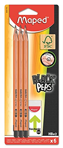 Maped - Juego de 6 lápices de grafito Hb y Eraser Technic 600 - Lápiz triangular ergonómico - Goma blanca libre de polvo