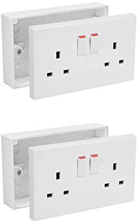 Axiom 13A Double White Switched Socket & Double Surface Mount 25mm Pattress Box 2 Gang Set Electrical Outlets (2)