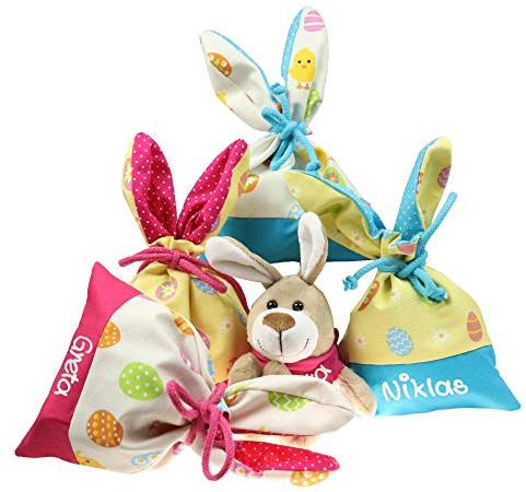 Ostersäckchen mit Hasenohren und Namen - Osterkörbchen mit Wunschbeschriftung - Personalisiertes Osternest pink blau gelb weiß