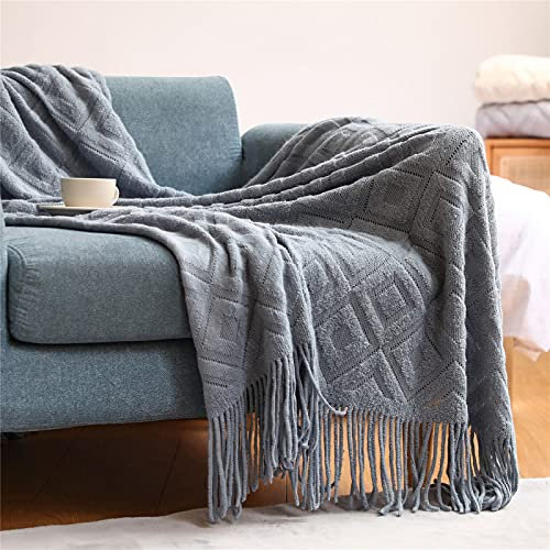 Zoomlie Weiche Strickdecke mit Fransen, Quasten, 130 x 170 cm, grüner Plüsch-Jacquard, Diamant-Textur, gemütliche warme Decke für Sofas, Sessel, alle Jahreszeiten (blau, 130 x 230 cm)
