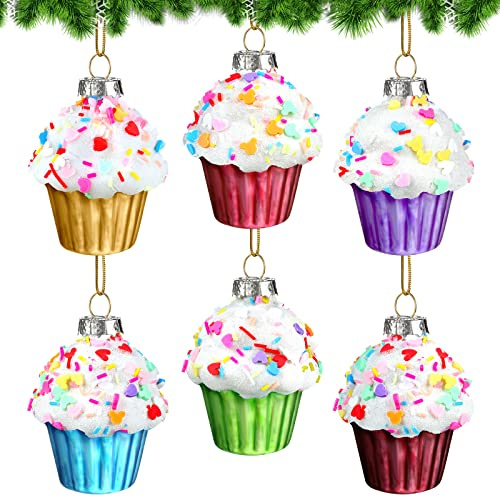 6 Pack Christmas Cupcake Ornaments Glass Christmas Tree Donut Hanging Ornaments Mini Glass Blown Cupcake Donut Dessert Decor Set for Xmas Tree Pendant Home Birthday Party Decoration(Cake Style)