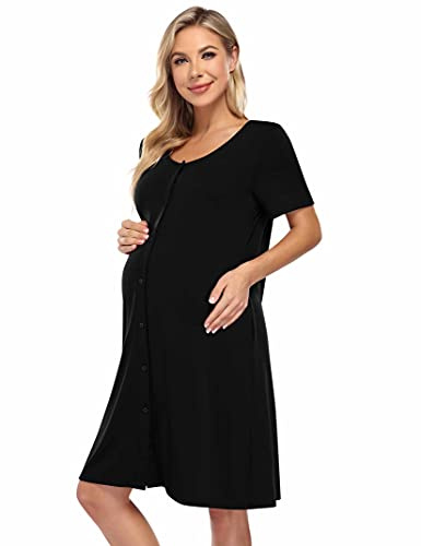 KOJOOIN Chemise de Nuit Femme Naissance Allaitement Coton Robe d'allaitement Manches Courtes Robe de Nuit avec Patte de Boutonnage sur Toute la Longueur