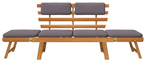 Hommdiy Akazienholz Massiv Gartenbank mit Auflagen 2-in-1 Sonnenliege Gartenliege Liege Sitzbank Parkbank Holzbank Bank Gartenmöbel 190cm (Brauner und dunkelgraue)