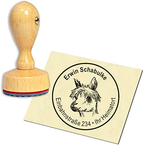 Stempel Adressstempel Holzstempel - Alpaka Kopf Lama - rund ∅ 40mm personalisiert als Firmenstempel Namensstempel Bürostempel