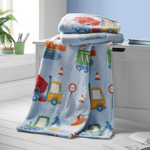 Catherine Lansfield Kids Digger Dreams Cosy Fleece 130x170cm Blanket Throw Blue