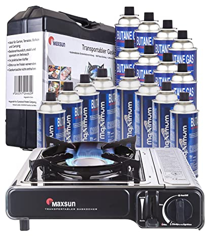 Maxsun | MaXimum Edelstahl Premium Gaskocher Set | tragbarer Campingkocher | Gaskartuschen Kocher (Kocher + 16 Kartuschen)