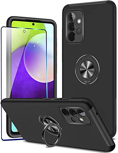 KRAFTCARE for Samsung A52/A52s Case with Kickstand Ring and Screen Protector, Shockproof and Anti Scratch 360° Magnetic Ring Holder Stand Phone Cover for Samsung Galaxy A52/A52s - Black