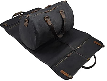 2 in 1 Canvas Leather Suit Luggage Garment Bag with Shoulder Strap for Travel and Business Trips, Waxed Black, American Casual