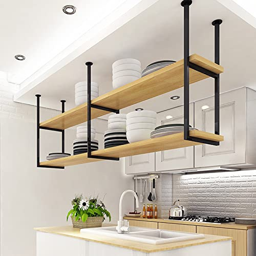 KEPMOGOH Industrie Deckenregal Hängeregal, 2-lagiges Deckenmontage Lagerregal Schwebendes, Hängendes Metall Weinregal, für Restaurant, Bar, Cafe, Küche (80×30×60cm)