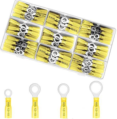 RUNCCI-YUN 120Stücke Schrumpfverbinder, 12v Kabelverbinder, Kfz Elektro Verbinder,Crimpverbinder Ring Kabelschuhe Kabelschuhe Ösen Ringklemme for 12-10 AWG (Gelb/4 Größen #10,1/4,5/16,3/8)