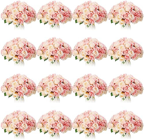 Jexine Künstliche Rosensträuße, realistische Seidenblumen, Großpackung Tafelaufsätze, DIY, Braut, künstliche Rosen für Zuhause, Braut, Hochzeit, Party, Dekorationen (Rosa und Weiß), 240 Stück