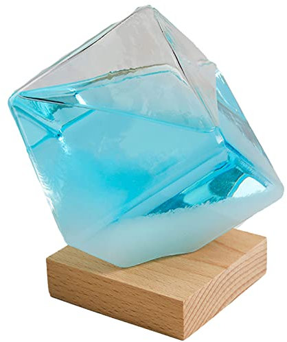 Tuzsocr Previsioni Meteo in Vetro Tempesta,Barometro a Cristalli a Forma Cubica,Stazione Meteo Goccia d'acqua,Base in Legno,Stile Nordico per la Casa e la Decorazione dell'Ufficio (M,Blu)