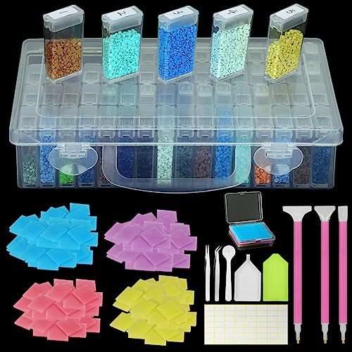 DONQL 64 Grids Diamond Painting Storage Boxes,Diamond Art Storage Box,Diamond Painting Accessories with 48Pcs Diamond Painting Clay 3 Drill Pens 2 Trays 1 Spoons and Labels