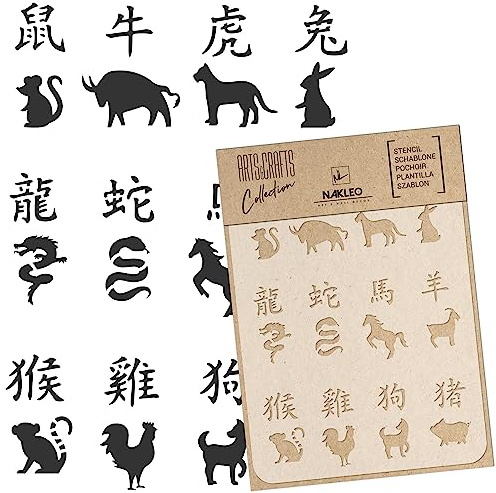 NAKLEO Pochoir pour Peinture Artisanat A4 21x30cm, Modèle en Plastique, Réutilisable, Chinois Zodiaque Signe, DIY Bricolage Scrapbooking Décoration a Peindre, Mur Sol Bois Tissu Meuble