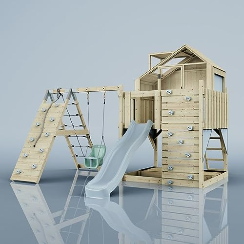 Rebo Outdoor Spielturm mit Wellenrutsche | Spielhaus aus Holz mit Kinderschaukel, Kletterwand, Kletternetz | Stabile Konstruktion, Weiches Gefühl in den Seilen