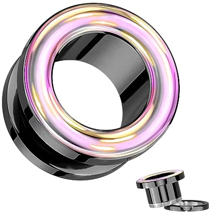 beyoutifulthings Ohr-Tunnel Schwarz Rosa Changierender Rand Chirurgenstahl Ohr-Piercing Ohr-Schmuck Plug Screw Fit Schraub-Verschluss 10-mm