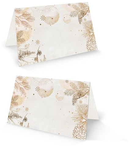 Marque place Noël, lot de 25: carte de table à personnaliser, porte nom invité fête de fin d’année, carton de table Advent & automne, étiquette placement beige et or, décoration repas, 8,5 x 5,5 cm