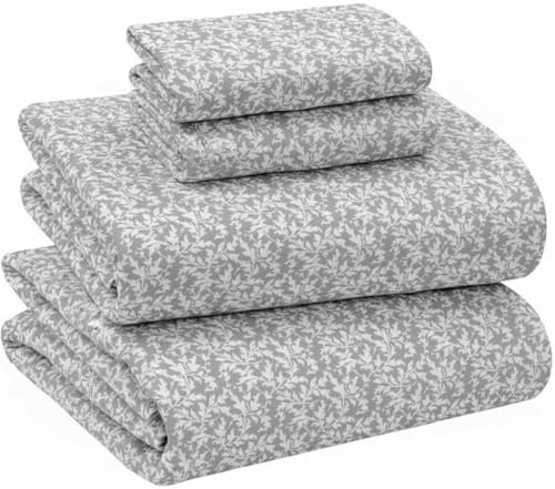 Briarwood Home® Printed Flannel Sheet Set, 100% Natural Cotton, Soft, Warm & Deep Pocket, Advanced Nano-Tech Making it Resistance to Pilling; Brushed 6 Times for Softness (La Folia Grey, Queen)