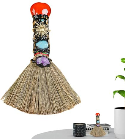 EUBEISAQI Escoba de Natural,Escoba de Altar de Brujas | Escoba de de Bruja de Altar, artesanías con Gemas en Forma de corazón - Artesanía de Punta de Amatista para decoración de