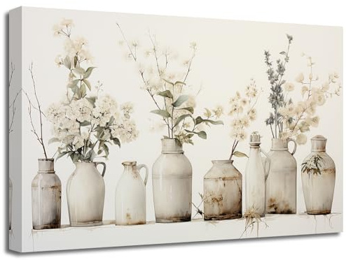 ZXHYWYM Badezimmerbilder rustikale Blume in Vase Bild Bauernhaus Blumensträuße Leinwanddrucke beige botanisches Kunstwerk Landhausküche Wanddekoration (Bild-2, (30.00 x 45.00 cms))
