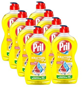 PRIL Kraft Gel Zitrone (8x 450 ml), Handgeschirrspülmittel mit höchster Fettlösekraft, für sauberes Geschirr auch in kaltem Wasser, frischer Zitronenduft
