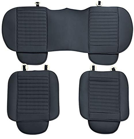 Taylor & Brown 3pc Universal Front and Rear PU Leather Car Seat Bottom Cushion Cover Set with Pockets Car Seat Pad Seat Protector Non Slip Universal Fit 90% Vehicles (Black (Lined)