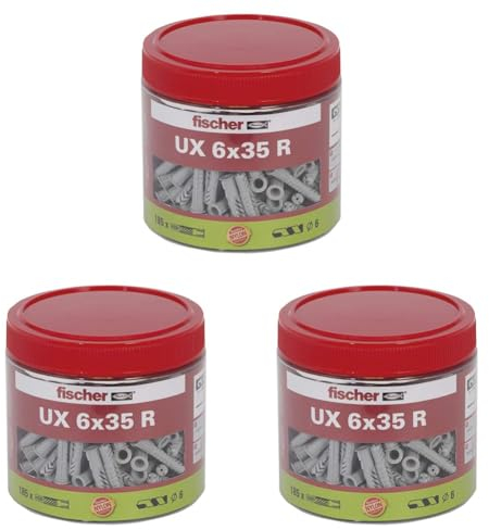 fischer Universaldübel UX 6 x 35 R, handliche Runddose mit 185 Nylondübeln, Allzweckdübel mit Rand für optimalen Halt bei Befestigungen in Beton, Gipskarton, Kalksand-Lochstein uvm. (Packung mit 3)
