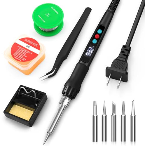 Soldering Iron Kit, 100W Soldering Gun with LED Digital Display, Adjustable Temperature 356-932℉ Solder Kit for Electronics, Includes Soldering Iron Tip, Solder Wire, Stand, Tweezers and Paste, Black
