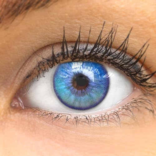 GLAMLENS Kontaktlinsen farbig 'Canaria Blue' ohne Stärke farbige blaue Monatslinsen weiche Linsen soft Hydrogel 2 Stück Farblinsen + Linsenbehälter 0.0 Dioptrien natürliche Farben Serie