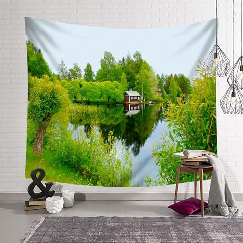Mesnt Wandbehang Natur Wohnzimmer, Seenlandschaft Wandteppich Wandkunst für Schlafzimmer Wohnzimmer Dorm Decor Wandteppich, 260x240cm