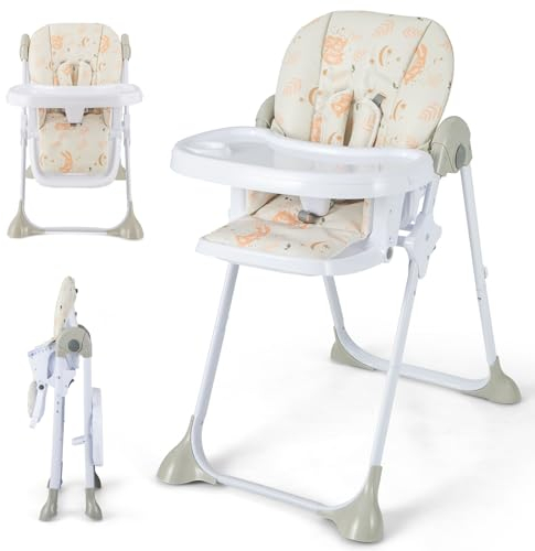 DREAMADE Faltbarer Hochstuhl Baby, HöhenverstellbarerKinderhochstuhl mit verstellbarer Rückenlehne & Fußstütze, Kinderstuhl mit Tablett & Sicherheitsgurt, für Baby von 6 bis 36 Monate (Beige)