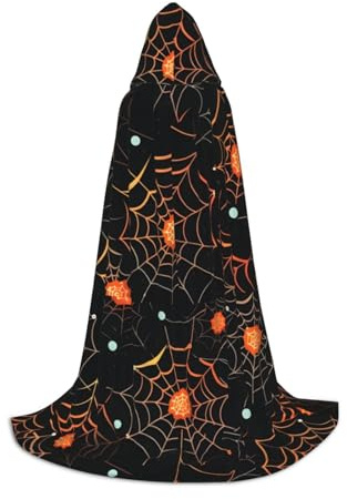 KWQDOZF Orangefarbener Umhang mit Kapuze in voller Länge mit Spinnennetz-Motiv, Halloween-Umhang, Umhang mit Kapuze für Halloween, Weihnachten, Cosplay-Partykostüme für Unisex-Teenager, Größe 119 cm
