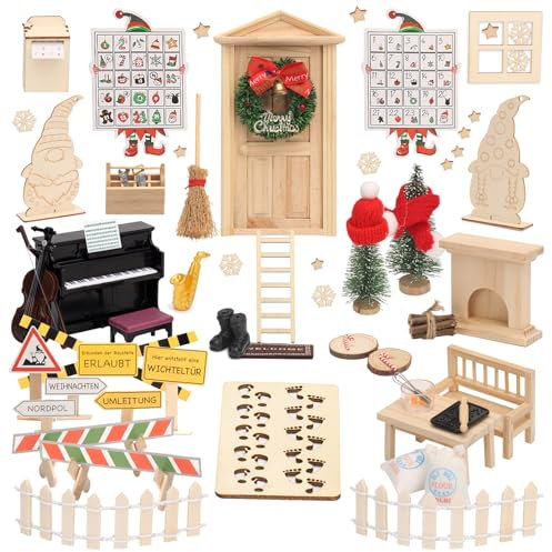 EIKEJI Wichteltür Set, 98PCS Wichtel Zubehör Weihnachten, Wichtel Baustelle, Wichteltür Komplettset mit Backset,Mini Musikinstrument Set,Feentür,Briefkästen,Weihnachtsbaum,Geschenke für Mädchen Junge