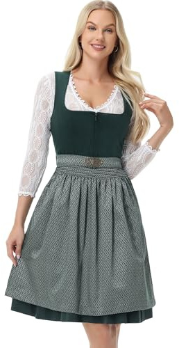 TrendiMax Damen Midi Dirndl - Elegant Samt Dirndlkleid Trachtenkleid für Oktoberfest mit Blumenmuster Schürze, Grün, 40