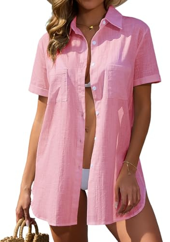 Vancavoo Strandöverdrag Dam Strandklänning Maxi Lång Skjorta Bomull Klänning Sommar Skjorta Täcker Strand Baddräkt Lös Avslappnad Bikini Cover Up, Rosenröd, L