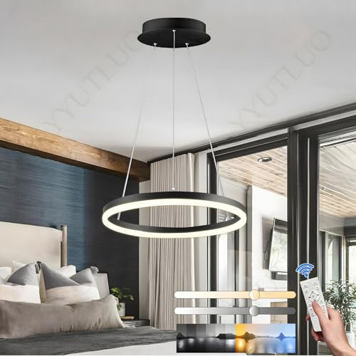 YYUTLUO Moderner DIY-Kreis-LED-Kronleuchter, 1 Schwarz Ring, ∅40cm=23W, H150cm Höhe Verstellbar, Metall+Acryl, Dimmbare Fernbedienung, Runde Hängelampe, Wohnzimmer Schlafzimmer Restaurant Büro