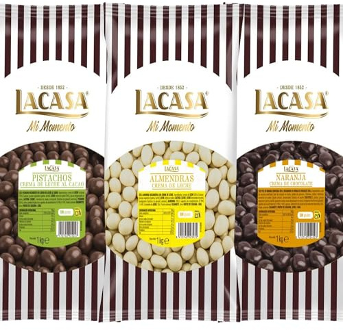 Lacasa Mi Momento pack 3kg bolas:Almendra con chocolate Blanco,Dados de naranja con chocolate Negro,Pistachos con chocolate Leche