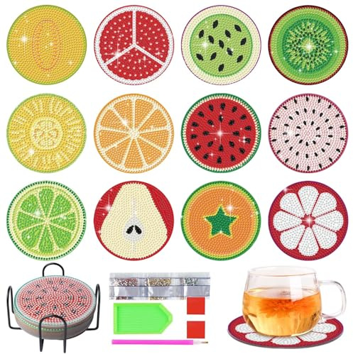 12 Stück Diamond Painting Untersetzer, Diamond Painting Erwachsene mit Halter, Malerei Glasuntersetzer, Rund Getränke Tassen Untersetzer, Wiederverwendbare Glasuntersetzer für Erwachsene Kinder