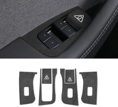 BETTERHUMZ Car Door Window Switch Panel Cover for Tesla Model Y Juniper 2025 2026 Performance Suede Carbon Fiber Leather Window Frame Trim Interior Tuning Accessories (Suede Black)