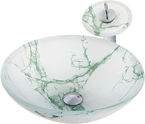 OGMOYT Bathroom Wash Basin Vanity Sink 16.5 X 16.5 X 5.7 Round Countertop Sink Bowl,Tempered Glass Bathroom Wash Basin On The Top Marble Texture Vessel Bowl Sink with Drain,Green