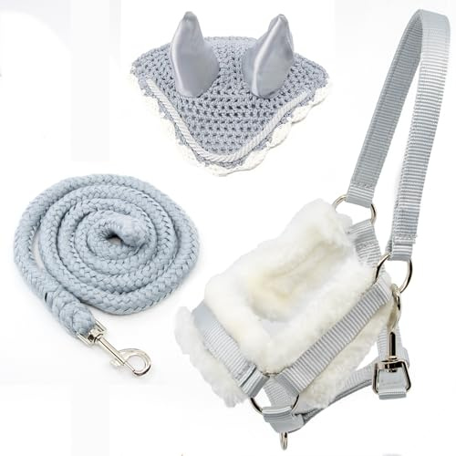 Hobby Horse Accessory Set – Grey Halter with Soft Padding, Lead Rope and Grey-White Fly Bonnet for Hobby Horsing – Fits Stick Horses Size A4 and A3