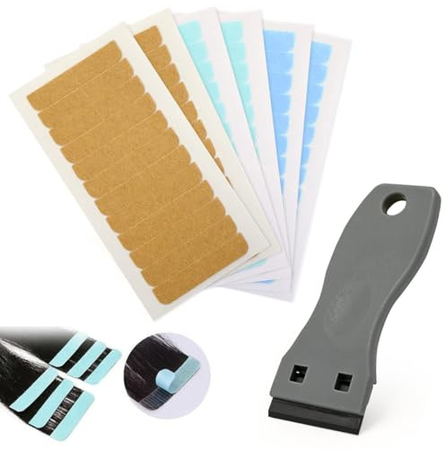 YAYNO 72 pegatinas de extensión de doble cara con mini raspador de plástico para eliminar residuos de pegamento, cinta adhesiva para la mayoría de las extensiones de cabello
