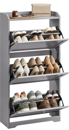 VASAGLE Armario Zapatero con 3 Solapas, Zapatero, Estante para Zapatos, Panel Superior, Divisor Ajustable, para hasta 12-20 Pares de Zapatos, Pasillo, 24 x 60 x 121,2 cm, Gris Paloma LBC036GD01