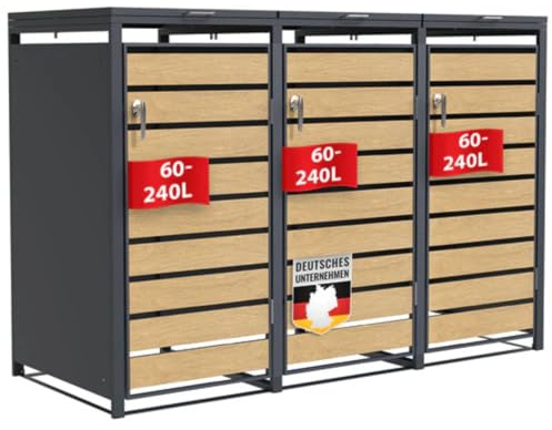 Floordirekt Mülltonnenbox 3er für 3 Mülltonnen für 60-240 L - Anthrazit mit Holzdekor - inkl. Erweiterungsmöglichkeit - Mülltonnenhäusschen, Mülleimerboxen, Müllhaus, Johann