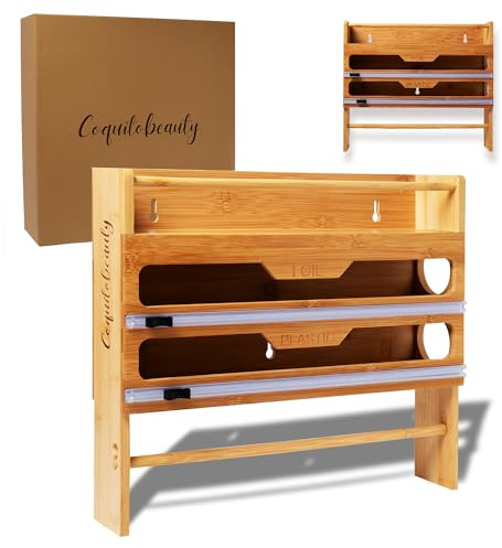 CoquitoBeauty Porte-rouleau de cuisine mural en bois de bambou Support multifonction pour 3 rouleaux avec compartiment pour espèces et film transparent Organiseur de cuisine