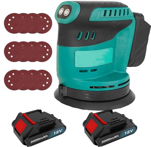Orbital Sander Cordless Sanding Machine, 18V Sander for Walls, 3 Variable Speeds, Up to 15000 RPM, 125mm Sanding Pad, Dust Collection, Perfect for Wood and Steel Surfaces (with 2X 3000mAh Battery)