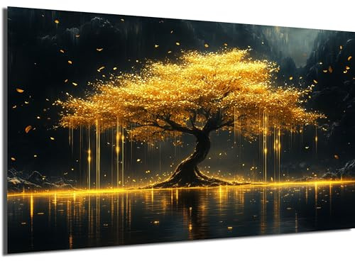 DRO Design - Lebensbaum Leinwand Bild 56x84 cm XXL Groß Wanddeko Wohnzimmer Aesthetic Room Decor Deko Zimmer Wandbilder Modern Bild auf Leinwand Gold