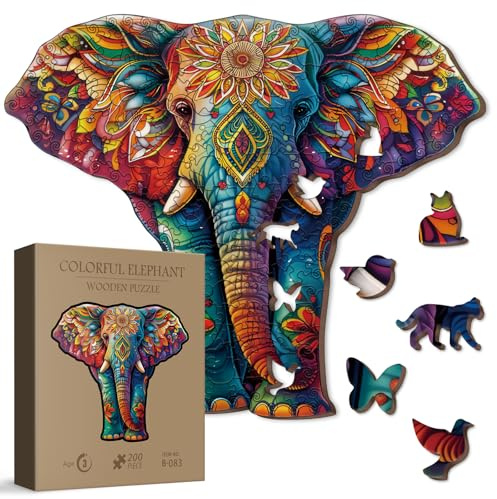 Colorful Elephant Wooden Puzzle for Adults 200 Pieces, Fantasy Animal Wood Puzzle for Adults, Unique Funny Shape Puzzle 200 Pieces