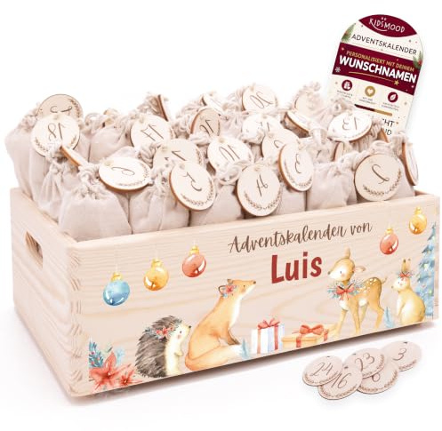 Personalisierter Adventskalender 2026 zum Befüllen mit Holzzahlen | Tolle Weihnachtsdeko aus Holz, Weihnachtskalender mit Tüten für Geschenke Mädchen & Jungen (40 x 30 x 14 cm)